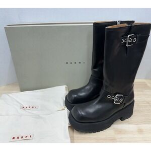 MARNI Size 39 Black Soft Calf Leather Biker Mid-Calf Boots Inner Zip -New w/ Box